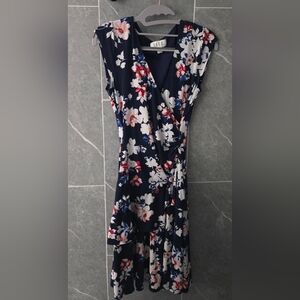 ELLE Print Ruffle Faux-Wrap Dress Navy Blush Floral Size XS